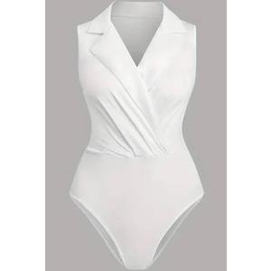 Women's Sleeveless Lapel Bodysuit Collared Wrap Summer Dressy Blouse Tops, Medium