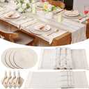 4 Sets Boho Place Mats Set Round Woven Placemats, Cloth Napkins, Wood Bead Napkin Rings, White Table Runner with Tassel and Farmhouse Rustic Placemats Cotton Burlap for Kitchen Table Decor