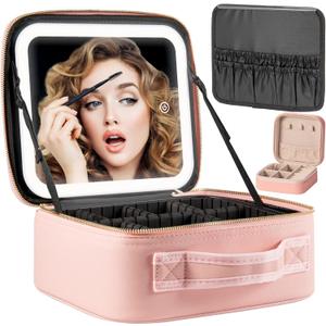 Makeup Travel Train Case with Mirror LED Light 3 Adjustable Brightness Large Cosmetic Bag Portable Storage Adjustable Partition Waterproof Makeup Brushes Make up Jewelry Gift for Women (Pink)