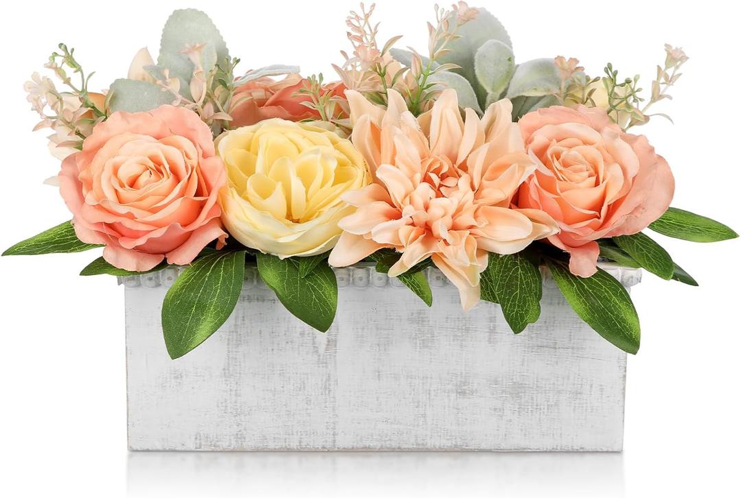DILATATA Flower Arrangement with Wooden Vase 10" Artificial Flowers in Pot - Fake Flowers in White Rectangular Wooden Vase Potted Faux Flower Centerpieces for Table Decor Living Room - Orange