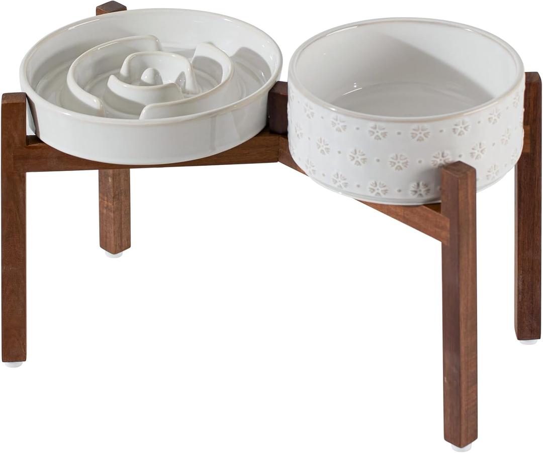 Havniva Ceramic 1.6 Cup Raised Slow Feeder Dog Bowl Set, Elevated 7.3inch Bowl and 8.2inch Dish with Acacia Wood Stand for Medium and Large Dog(Reactived Glaze -White
