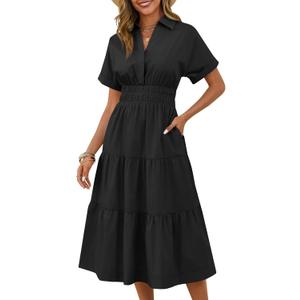 Wenrine Womens Summer Short Sleeve Maxi Dresses Casual V Neck Smocked Loose Tiered Flowy Shirt Dress with Pockets (Black, XL)