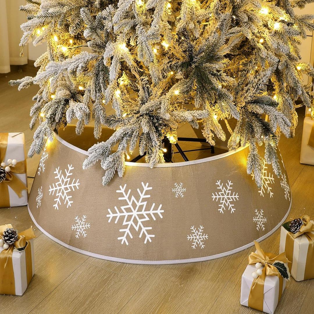 Soulchen 28 Inch Christmas Tree Collars Rustic Burlap Tree Collar with Snowflake Christmas Boho Burlap Trees Skirt for Home Xmas Indoor Winter Party Decor