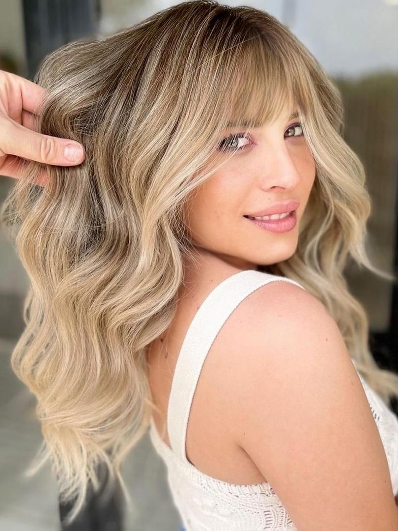 Ombre Blonde Wigs with Bangs Blonde Wigs for Women Long Wavy Curly Ombre Wig with Dark Root Synthetic Wig for Women Daily Party Use (20inch)