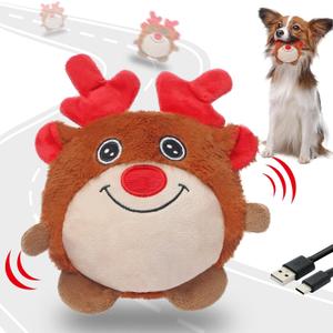 Senneny Christmas Dog Toys, Interactive Dog Toys Reindeer, Random Path Electric Automatic Moving and Rolling Dogs Toy, Motion-Activated Dog Ball with Plush Cover USB Rechargeable