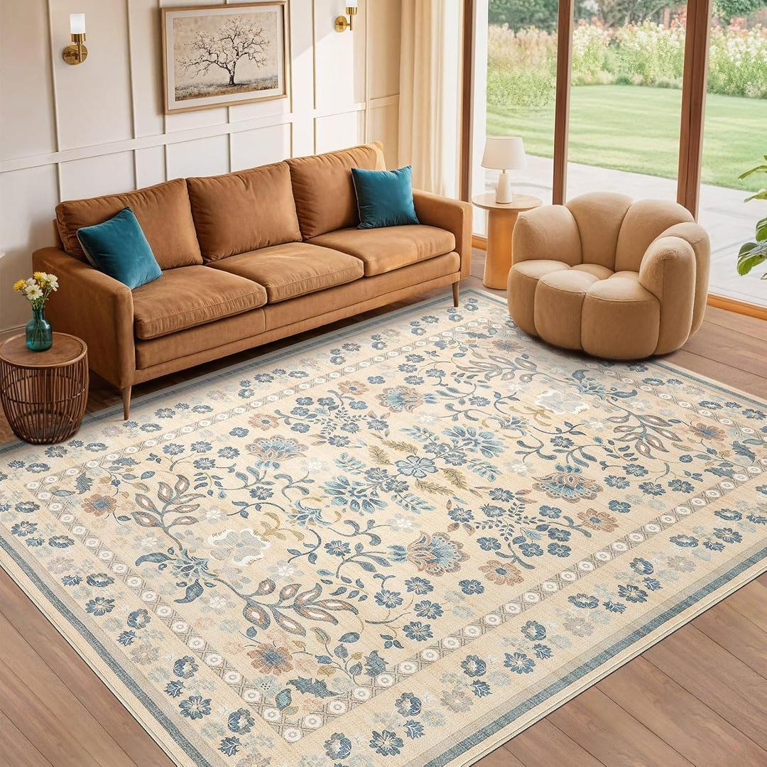 10x14 Area Rug Living Room Rugs - Washable Boho Vintage Floral Large Soft Non Slip Thin Rug Low Pile Carpet for Bedroom Dining Room Kids Playroom Office Decor Indoor- Multi Color