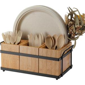 PTSTING Silverware Caddy Wood Utensil Holder Paper Plate Dispenser Silverware Utensil Caddy Cutlery Flatware Organizer Box for Spoons Forks Plates Napkins (Brown)
