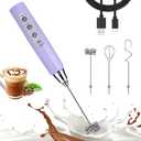 Nahida Light Purple Milk Frother Wand for Coffee, Frother Handheld Rechargeable Electric Whisk with 3 Heads 3 Speeds Drink Mixer Coffee Frother Foam Maker For Latte, Cappuccino, Hot Chocolate, Egg