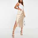 BOMAROLAN Women's Satin Midi Skirt High Waist Solid Silky Skirts for Women Elasticized Waistband A-Line Slit Midi Skirts (Beige, XL)