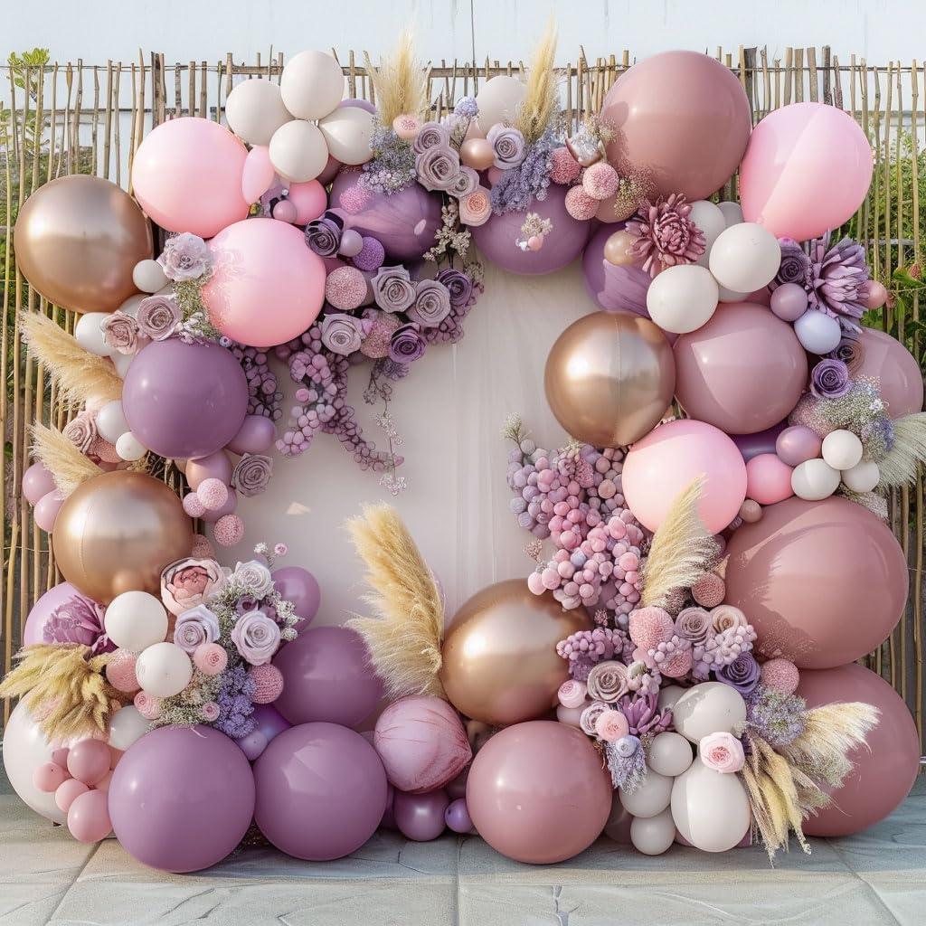 Dusty Purple Pink Balloon Garland Double Stuffed Boho Lavender Sand White Balloon Pastel Pink Lilac Gold Balloons Arch Kit for Wedding Birthday Bridal Baby Shower Floral Butterfly Party Decoration