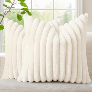 decorUhome Faux Fur Christmas Throw Pillow Covers 18x18 Set of 2, Decorative Soft Plush Striped Neutral Couch Euro Pillow Covers with Velvet Back for Sofa, Bed, Living Room Home Decor, Cream White