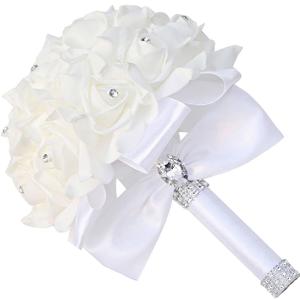 CUIWEI Wedding Bouquets for Bride & Bridesmaid - Hand Roses & Silk Roses Crystal Diamond Artificial Flowers for Wedding Parties, Churches (White)