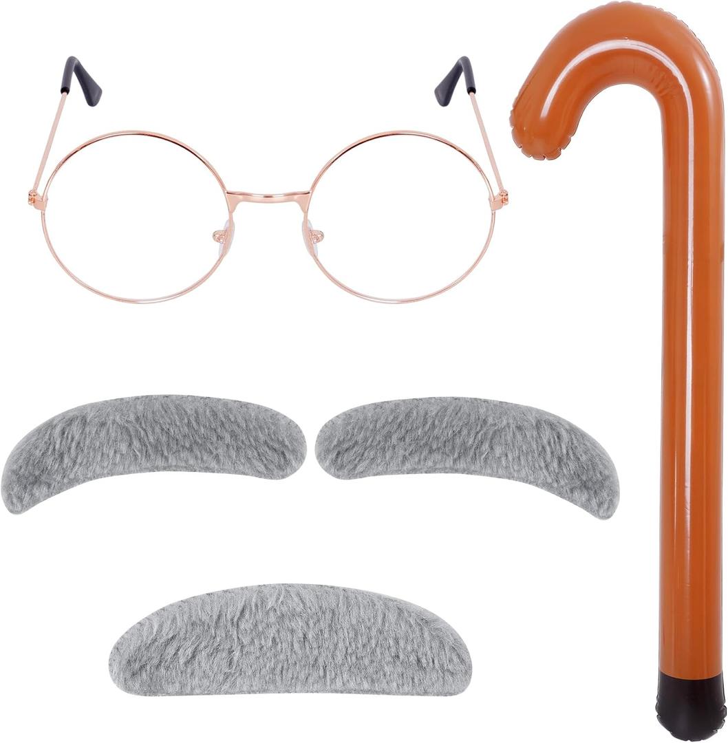 Dxhycc Old Man Costume Set for 100 Day of School Grandpa Costume Accessories Including Glasses Inflatable Cane Moustache and Eyebrows