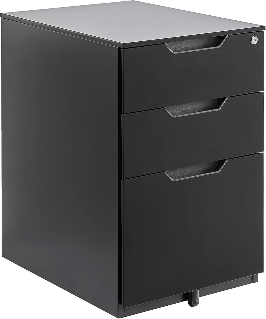 Amazon Basics 3-Drawer Mobile File Cabinet with Lock, Rolling Filing Cabinet for Hanging Files, Black, 20.71" D x 15.51" W x 24.29" H | With Lock, 3 Drawer
