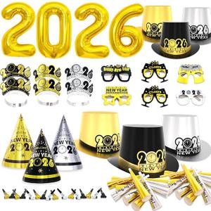 New Years Eve Party Supplies 2026 for 24 Guests, Happy New Years Decorations Party Favors Includes Top Hats, Tiaras, Glasses Accessories for Adults Kids Nye Decorations 2026