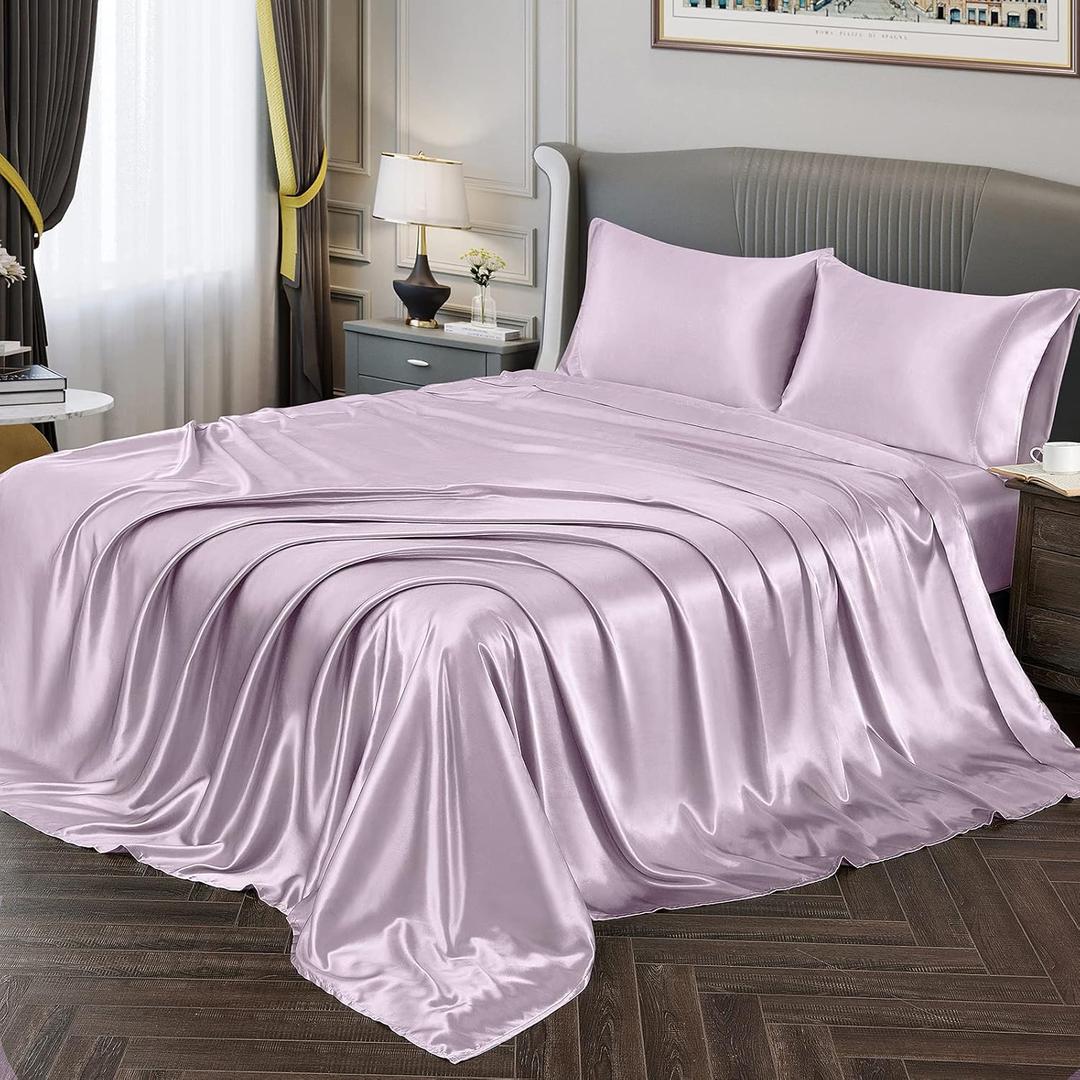 Vonty Satin Sheets Queen Size Silky Soft Satin Bed Sheets Luxury Lavender Sheet Set, 1 Deep Pocket Fitted Sheet + 1 Flat Sheet + 2 Pillowcases