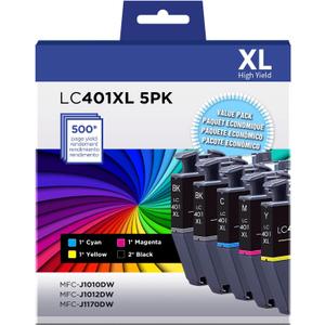 LC401XL Ink Cartridges Combo 5 Pack Compatible for Brother LC401 High Yield Work with Brother MFC-J1010DW MFC-J1012DW MFC-J1170DW Printer (2 x Black, Cyan, Magenta, Yellow)