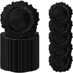 100 Pcs Black Charger Plates Bulk 12.6 Inch Plastic Plate Floral Reef Design Round Ruffled Rim Chargers for Dinner Plates for Christmas Thanksgiving Wedding Party Event Supplies