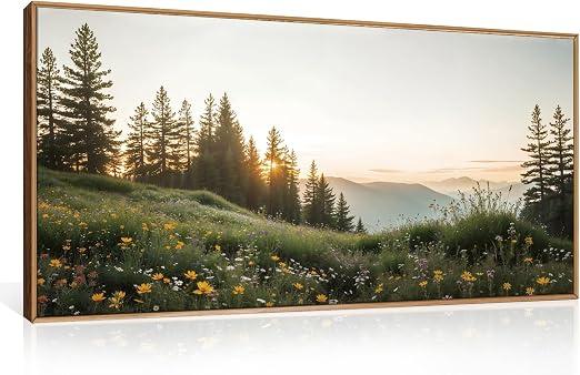 FWIEXA Green Forest Mountain Framed Canvas Wall Art Set, Wildflower Meadow Wall Decor, Floral Pictures Artwork, Nature Sunset Landscape Art Prints for Living Room, Bedroom, Office - Size 20"x40"