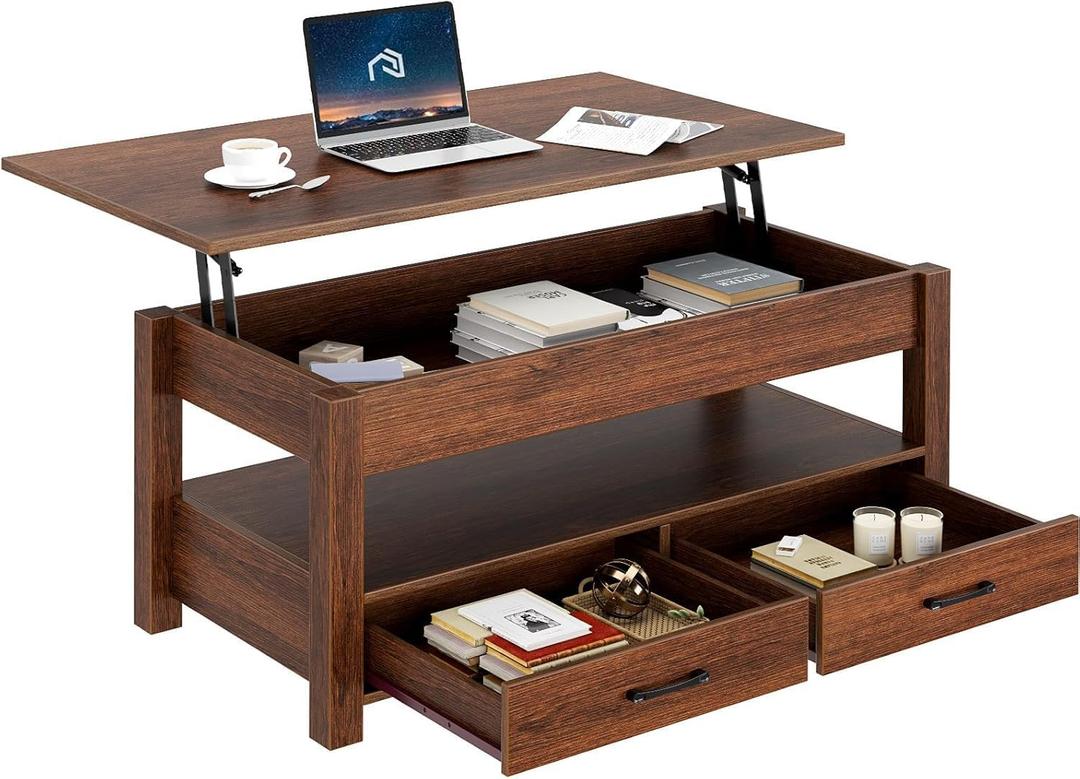 Rolanstar Coffee Table, Lift Top Coffee Table with Drawers and Hidden Compartment, Retro Central Table with Wooden Lift Tabletop, for Living Room,Espresso (19.7"D x 39.4"W x 24.3"H)