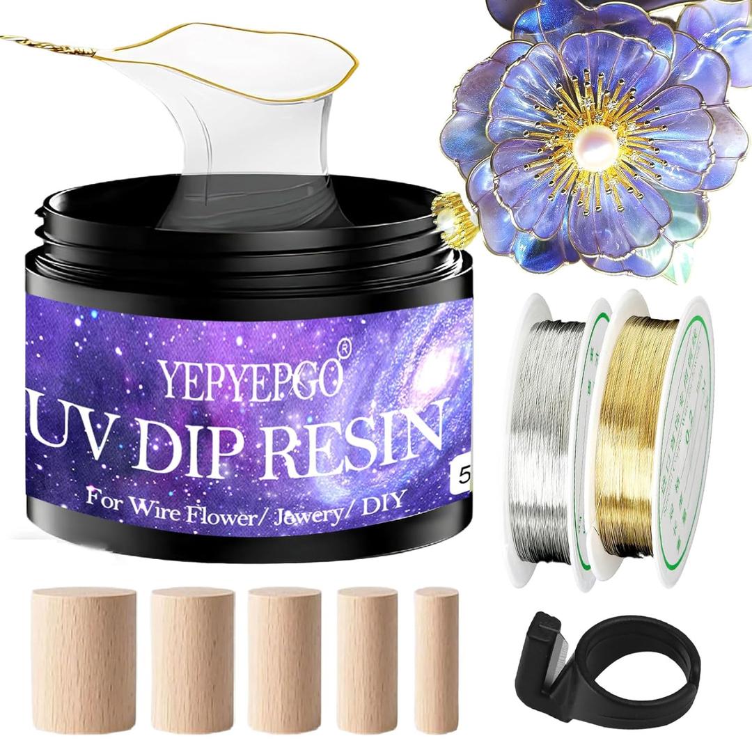 UV Resin Dip for Wire Flowers Kit, Crystal Clear UV Dip Resin with Silver Gold Wires for Wire Shapes, Fast Cured for Craft Jewelry Making Ideal DIY Gift for Beginer