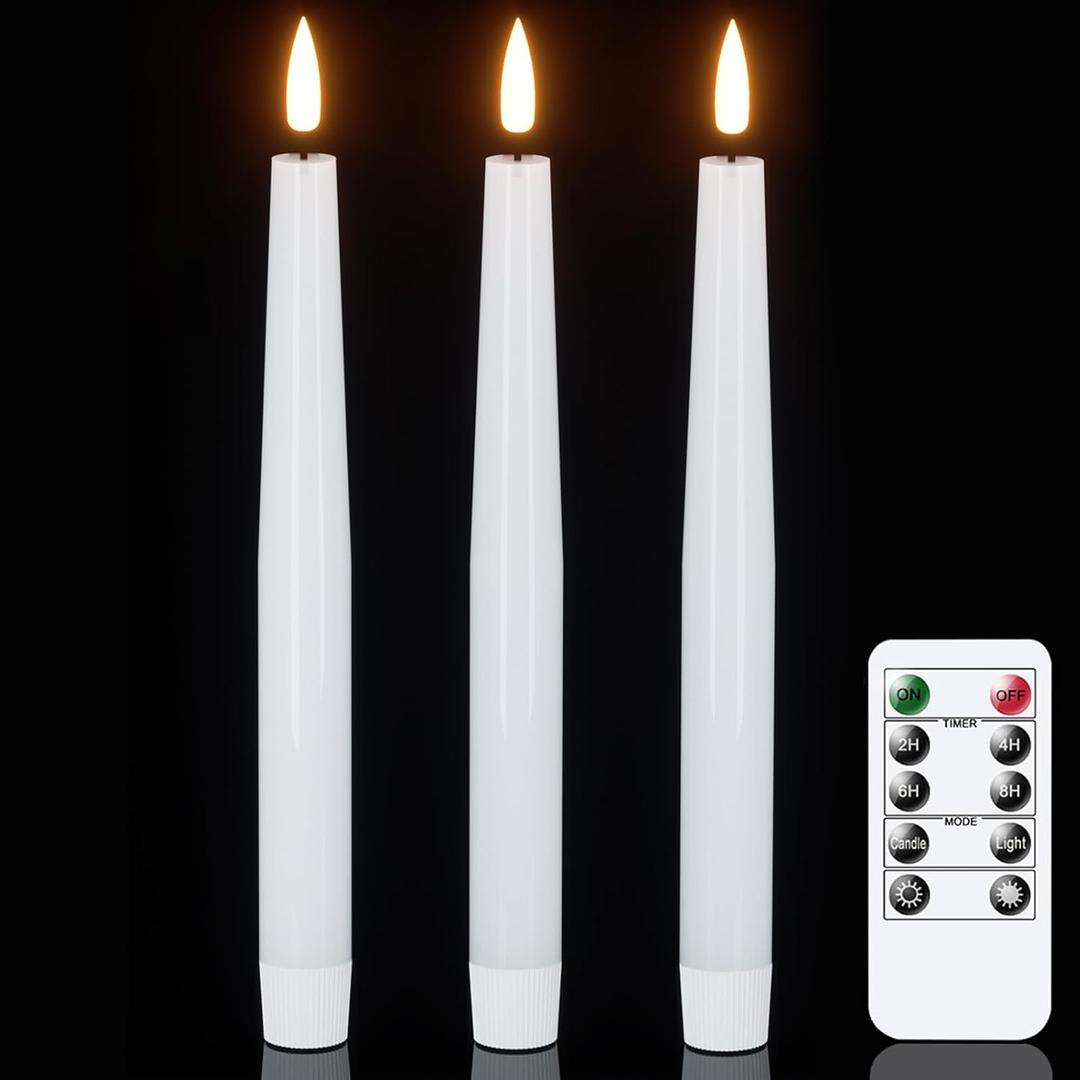 GenSwin Flameless Taper Candles with Remote, White LED Taper Candles Battery Operated, Real Wax Flameless Candlesticks with 3D Wick for Home Party Decor(Set of 3, 0.78 x 9.84)