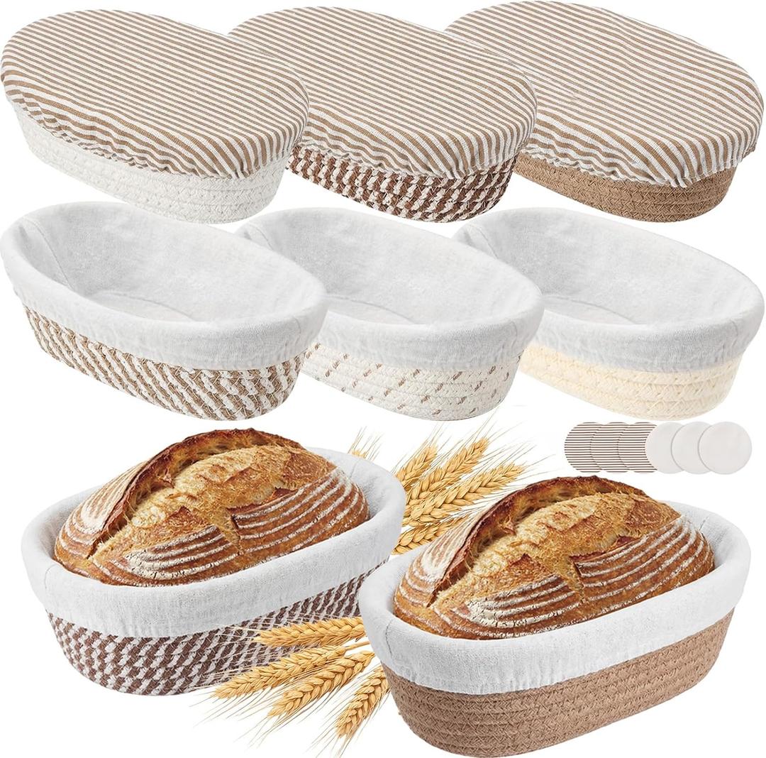 6 Set Mini Banneton Bread Proofing Basket Natural Cotton Rope Proofing Bowls Kit with Cloth Liner Small Sourdough Bread Baking Supplies for Home Baking (Brown,6.9 x 4.53 x 2.36 Inches)
