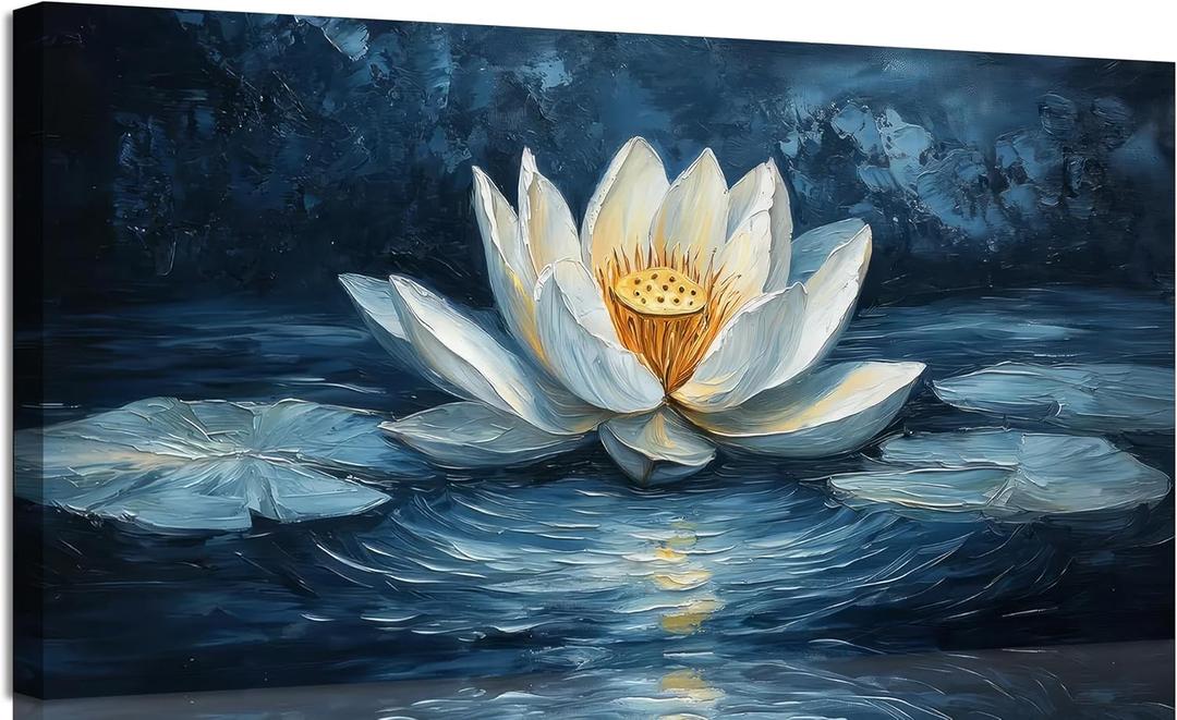 Large Zen Canvas Wall Art White Lotus Floral Bloom In Water Picture Wall Decor Abstract Night Lotus Poster Print Artwork for Yoga Spa Meditation Spiritual Room Bathroom Living Room Office 40L''x20W''