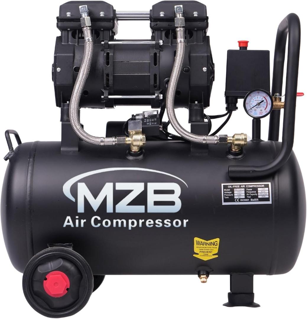 MZB 6.4 Gallon Ultra Quiet Air Compressor 110V/60Hz 7.41CFM 1.5HP, MAX 115PSI Steel Tanks Oil-Free 70dB Noise Level Air Compressor with Wheels for Spray Painting, Auto Repair, Carpentry Decoration