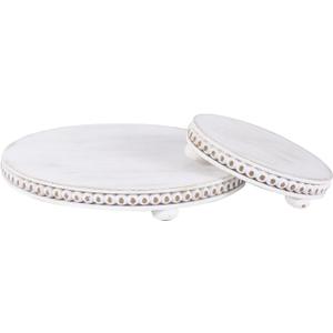 2 Pcs Wood Risers For Decor Beaded Wooden Pedestal Stand for Kitchen Counter Rustic Risers For Display Decorative Farmhouse Home Decorations Round Distressed White