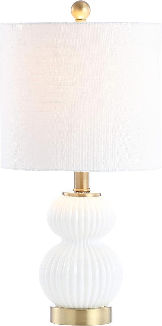 JONATHAN Y 20" White/Brass Gold Ribbed Gourd Glass Table Lamp, Modern Bedside Lamp for Bedroom Living Room, White Linen Drum Shade, LED Bulb Included JYL1099A