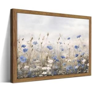 Vintage Floral Wall Art, Blue White Wildflower Botanical Canvas Wall Decor, Nature Landscape Artwork Painting, Rustic Farmhouse Flower Prints Pictures for Bedroom Living Room 16x24 Inch Framed