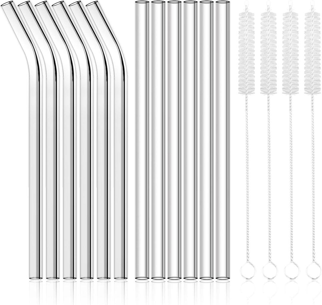 12 Pack Reusable Glass Straws - Clear Glass Drinking Straws, 8.5''x10MM, 6 Straight & 6 Bent, 4 Cleaning Brushes for Smoothies, Milkshakes, Tea, Juice, Hot & Frozen Drinks