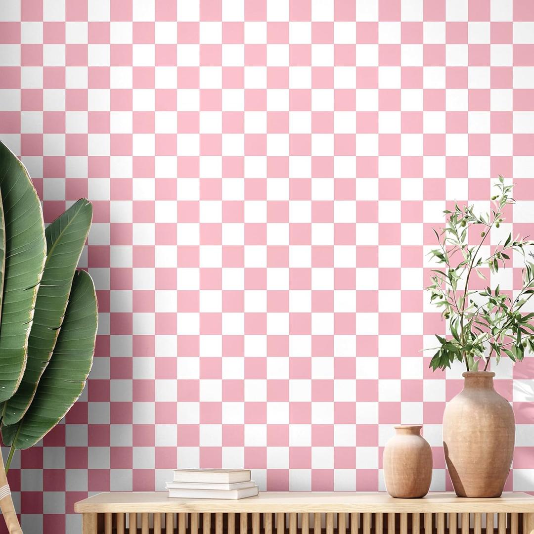 Retro Checkered Peel and Stick Wallpaper 70s Funky Checkered Contact Paper Geometric Waterproof Wallpaper Neutral Checkerboard Decor for Bathroom Cabinet(Light Pink,9.8' X 15.75'')