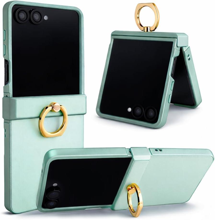 Genuine Leather Case for Samsung Galaxy Z Flip 7, Military-Grade Drop Protection, Hinge Protection Cover with Ring Kickstand, Color-Matched Trim (Mint)