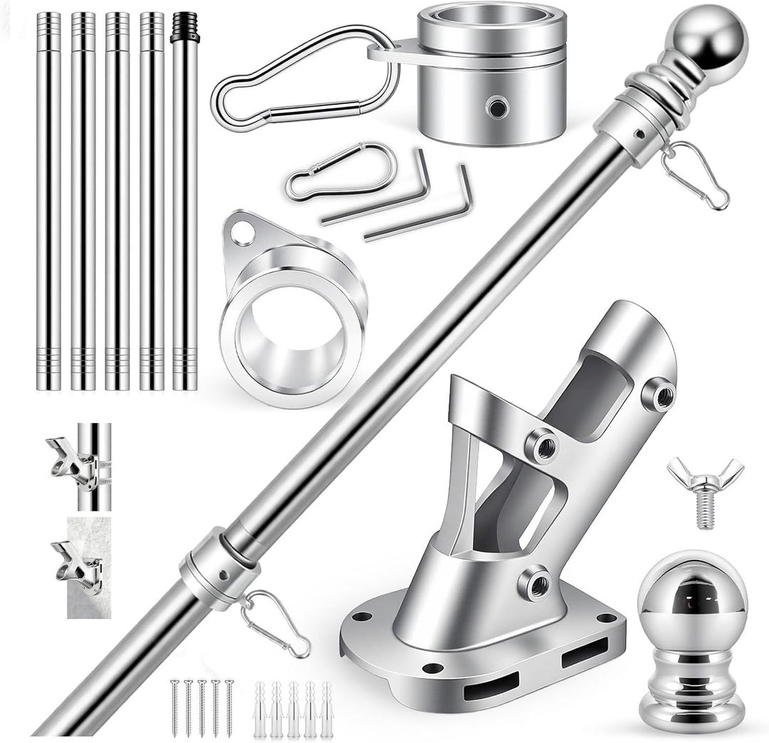 Flag Pole Kit for Outside House, 6 FT Stainless Steel, All Alloy Construction, Equipped with Aluminum Alloy 360 Rotating Anti-Wrap Rings, Fits 2x3 3x5 4x6 FT Flag,Porch,Outdoor