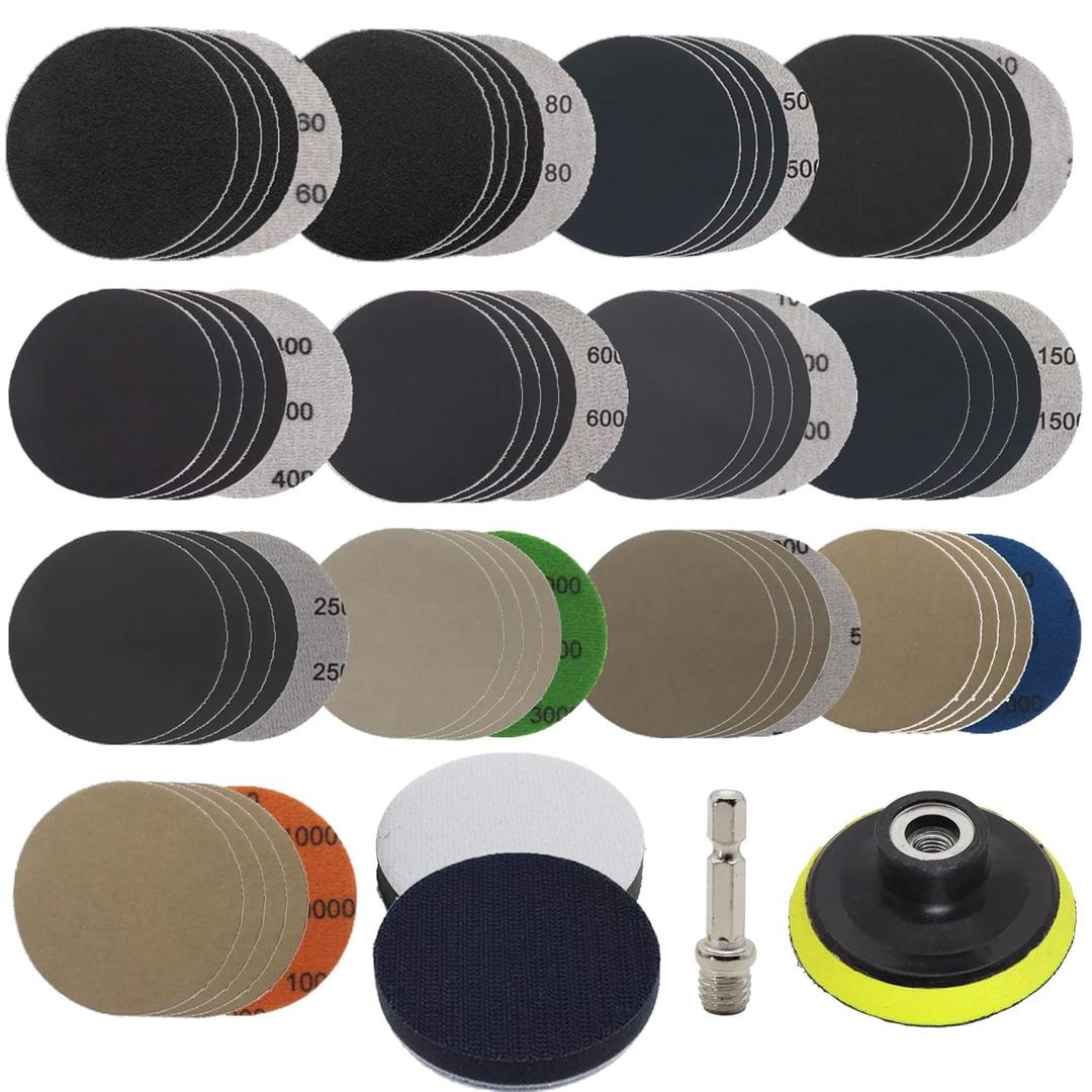 65pcs Sandpaper 3Inch Sanding Disc 60-10000 Grit Wet Dry Sandpaper with M10 Backing Pad,2pcs Interface Pad for Wood Metal Mirror Jewelry Car Polishing Headlight Cleaner Set