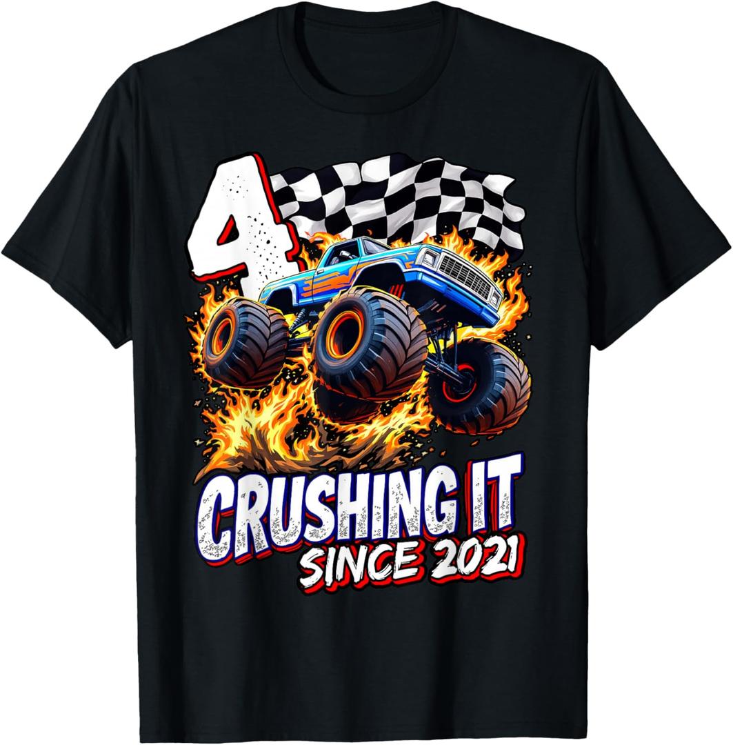 Birthday Monster Truck 4 Year Old Boys 4th Party Born 2021 T-Shirt, XS
