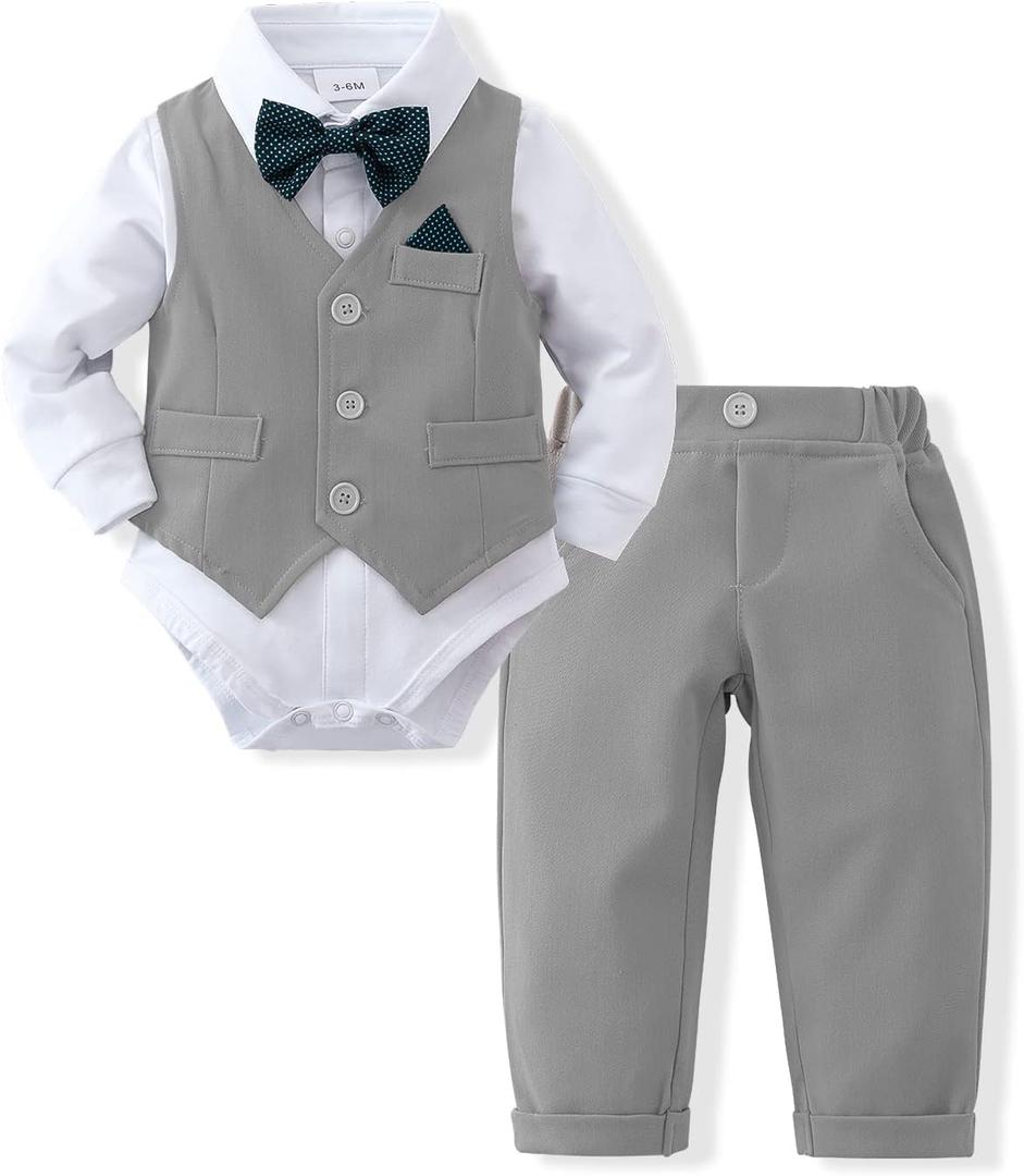 DISAUR Baby Boy Clothes Toddler Boy Outfits 4PCS Gentleman Dress Romper/Vest/Pants/Bow Tie Cotton Suit Sets (6-9 Months, Grey)