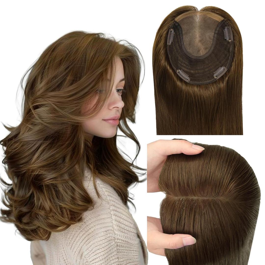 WORLDSTAR Hair Topper for Women Real Human Hair With Swiss Base Hairpieces Hand-stitched, No Bangs,55g,6 * 7 Inch Base,12 Inch #4 Medium Brown with Top Extension for Thinning Hair (tp#4-12)