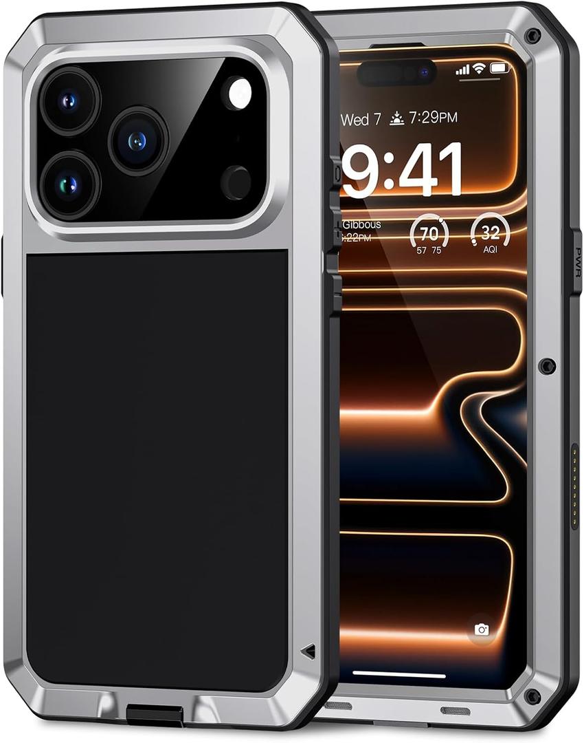 Lanhiem for iPhone 17 Pro Max Metal Case, Heavy Duty Shockproof Tough Rugged Case with Built-in Glass Screen Protector, 360 Full Body DustProof Protective Cover for iPhone 17 Pro Max 6.9", Silver