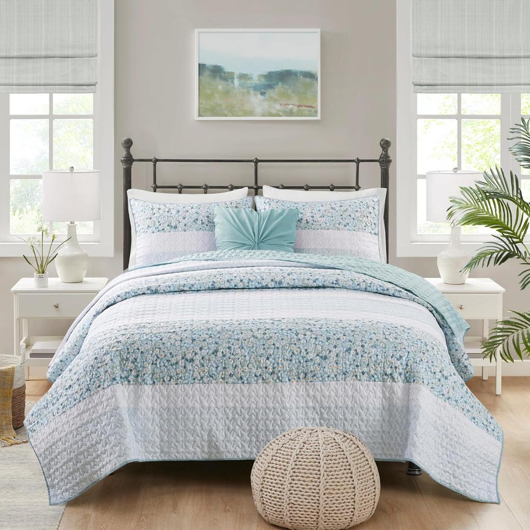Madison Park King Quilt Set, Seersucker Floral Coverlet, All Season Lightweight Microfiber Bedding Quilt Set, Vermicelli Quilting Design, Throw Pillow, Caralie, King/Cal King Aqua 4 Piece