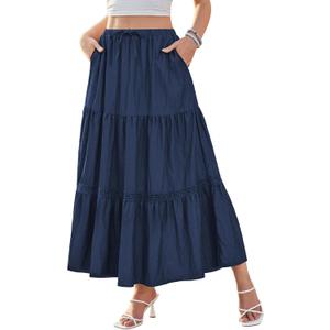 DJT Women's Boho Elegant Lace Trim Swing Tiered Maxi Skirt High Waisted Tie A Line Flowy Long Skirts with Pockets (Blue, L)