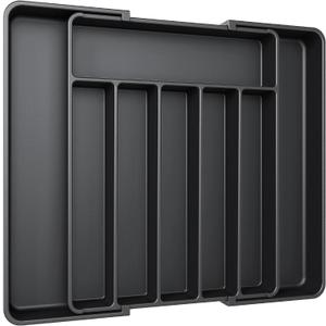 Aujen Silverware Organizer - Expandable Kitchen Drawer Organizer, Adjustable Utensil Organizer, Cutlery Tray for Forks, Knives, Multipurpose Kitchen Organizers and Storage Solution, Black, Large