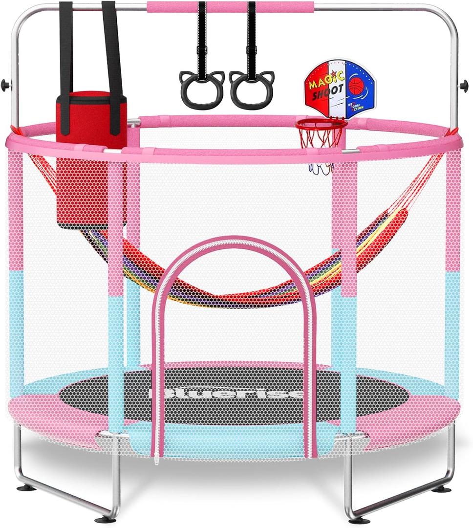 BLUERISE 60" Trampoline for Kids 5FT Toddler Trampolines Indoor/Outdoor with Adjustable Gymnastics Bar & Safety Net, No-Gap Design, Anti-Rollover Bottom, Basketball Hoop, Gifts for Boys & Girls