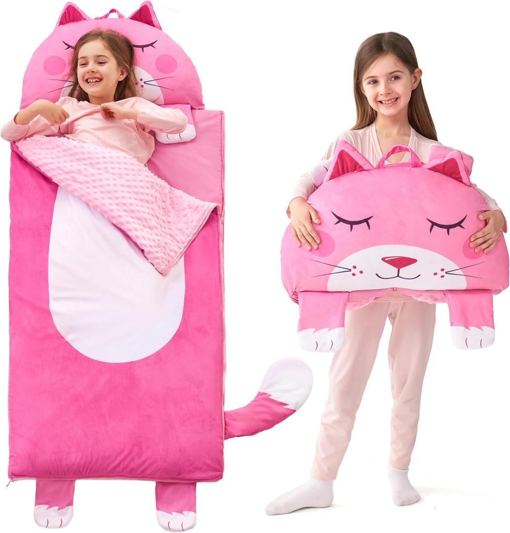 JOIEDOMI Kids Sleeping Bag 4 5 6 Year Old Girl Gifts Toddler Nap Mat with Pillow & Blanket 60" x 27" for Kids Ages 3+ Soft Plush Sleeping Mat for Preschool and Boys Girls (Pink Cat)