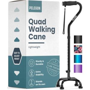 PELEGON Quad Cane (300 lb) - Adjustable Walking Cane with A Large 4 Pronged Base for Extra Balance & Stability, Walking Canes for Seniors, Walking Cane for Men & Women, Walking Sticks, Black