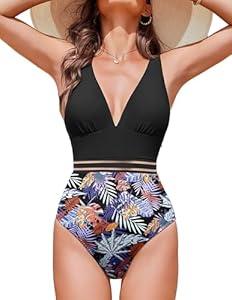 AI'MAGE One Piece Swimsuit Women 2025 Sexy Mesh Tummy Control Bathing Suits Swim Suit Deep V Neck Swimwear Purple Leaf L