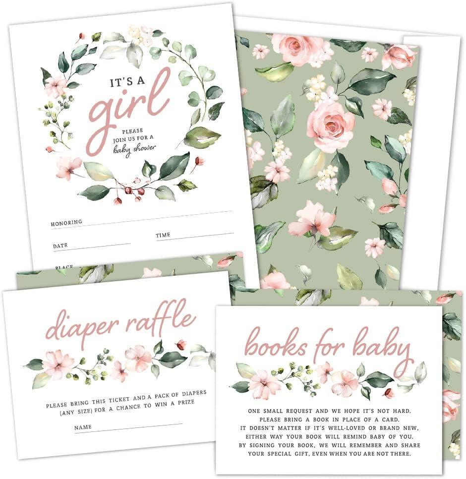 Baby Shower Invitations for Girl with Envelopes (Set of 25) - Floral Baby Shower Invites for Girl with Diaper Raffle Tickets and Book Request Cards - Boho Baby in Bloom Pink Invitation Set