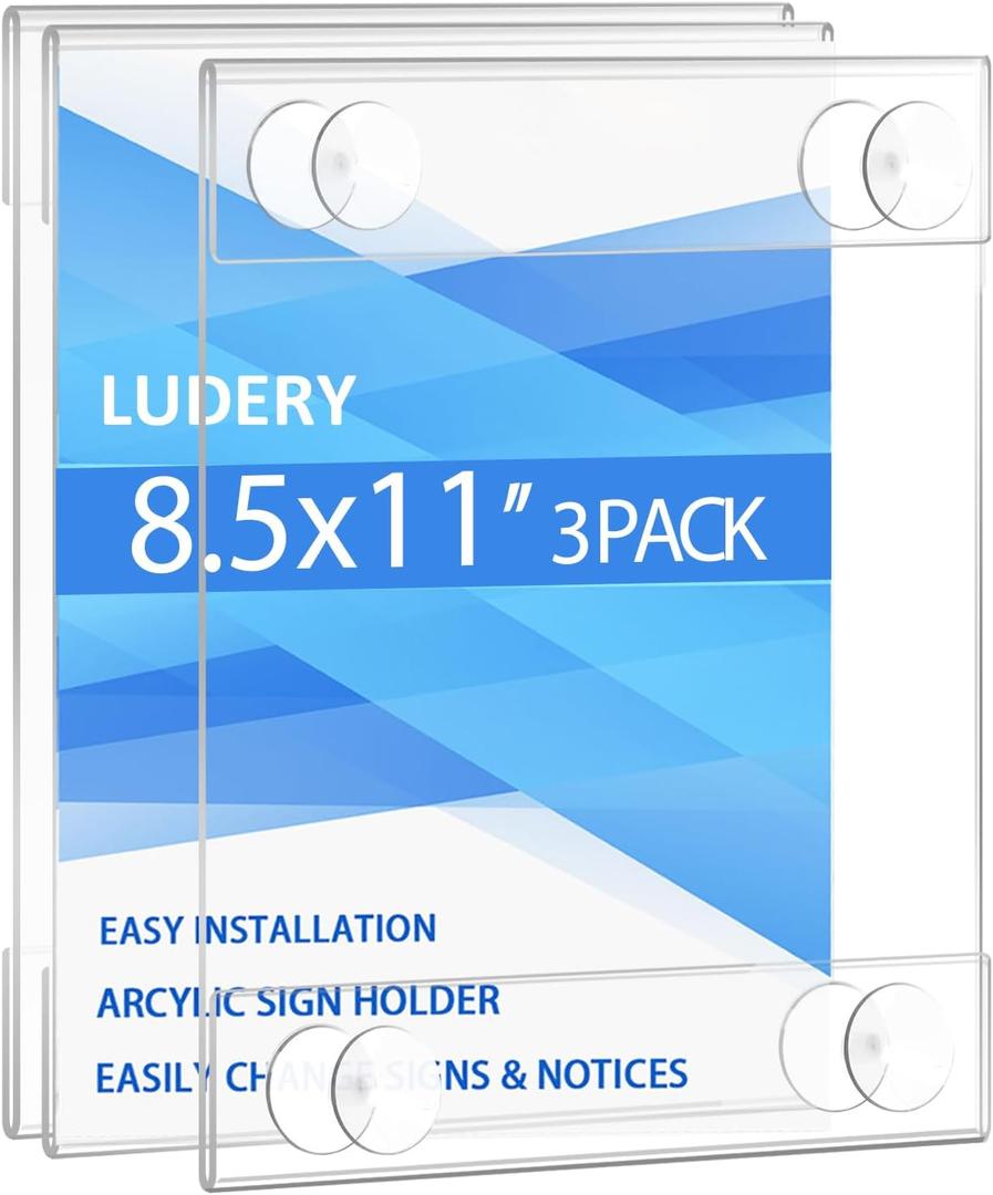 Acrylic Window Sign Holder 8.5 x 11 with 4 Suction Cups,Clear Acrylic Frames Glass Window Wall Mount,Advertising Signage Sign Holder for Mall, Office, Home, Store, Restaurant (3 Pack)